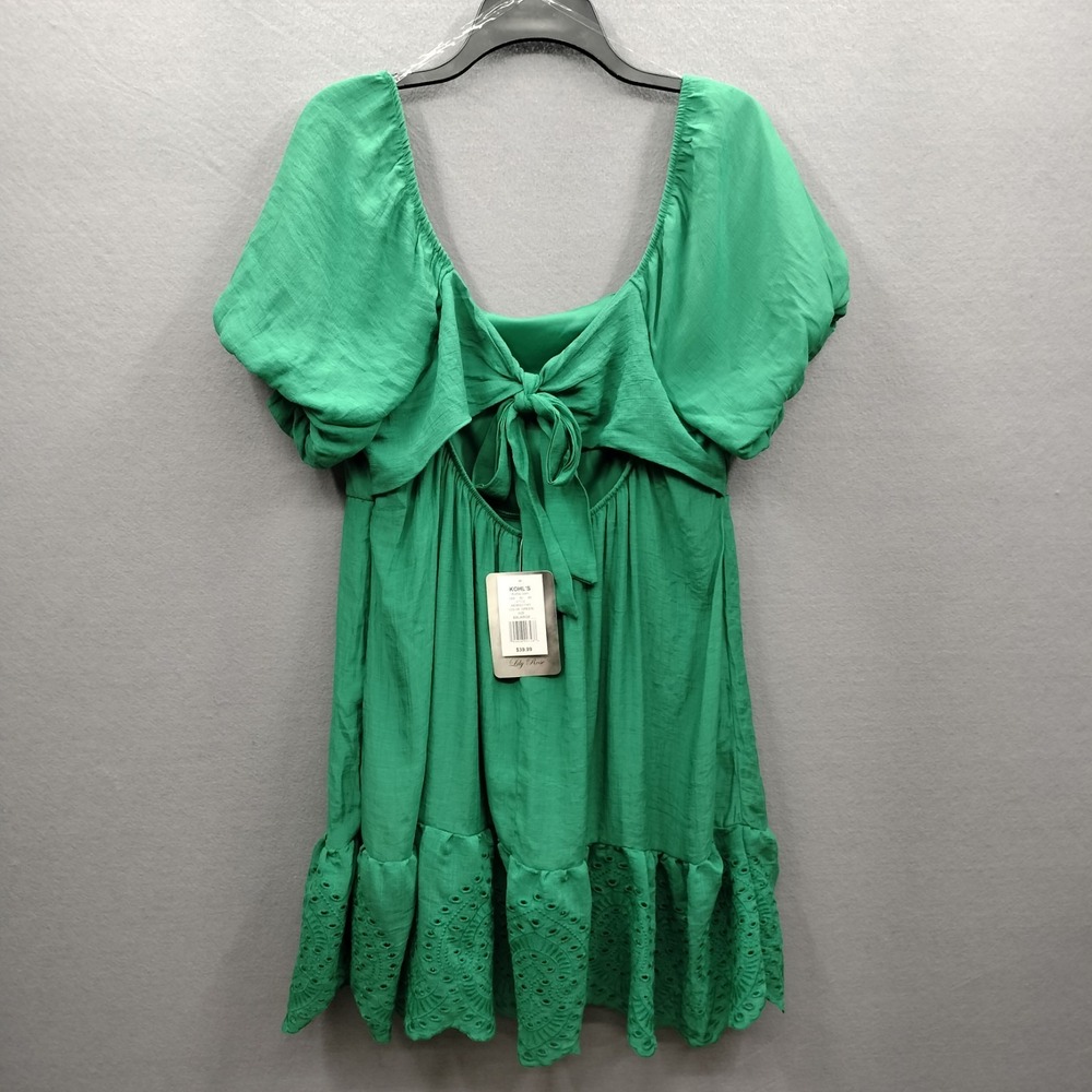 Lily Rose Juniors 2XL Puff Sleeve Eyelet Scoopneck Trim Skater Tie Back SunDress